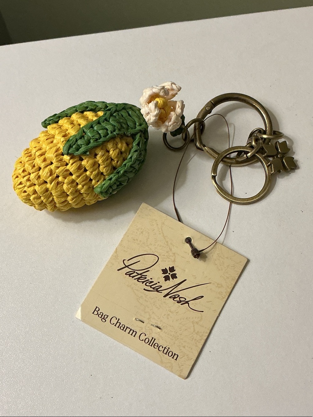 Patricia Nash NWT Raffia Yellow Green Crocheted Lemon Flower Bag Charm Keyring